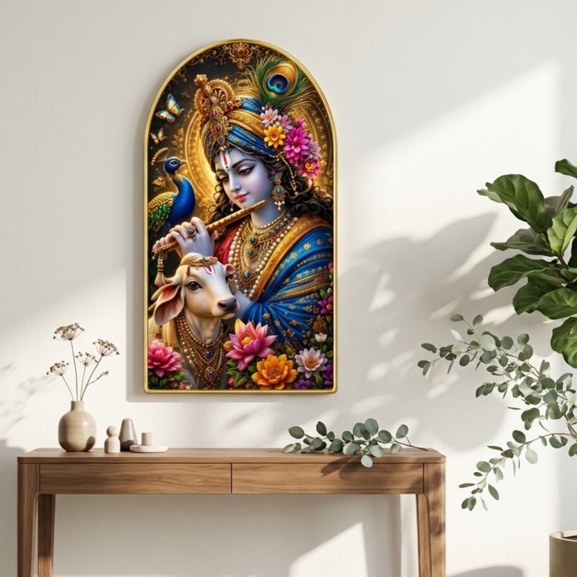 SAF Lord Krishna Cow Wall Painting for Living Room, Flute Peacock Devotional Artwork, PVC Golden Frame, Arch Shape Wall Decor for Pooja Room, Bedroom & Gift 16 X 30 Inch - Image 3