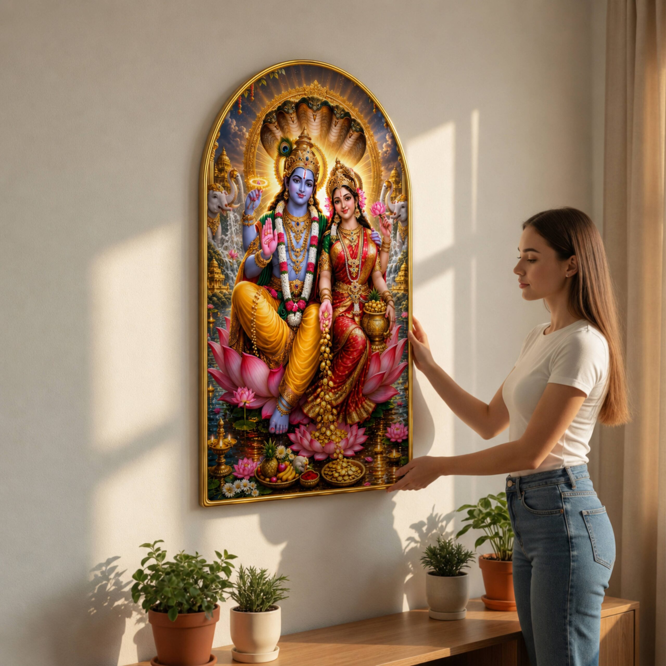 SAF Vishnu Laxmi Wall Painting for Living Room, Devotional Lotus Artwork, PVC Golden Frame, Arch Shape Wall Decor for Pooja Room, Bedroom, Home Office & Gift 16 X 30 Inch - Image 3