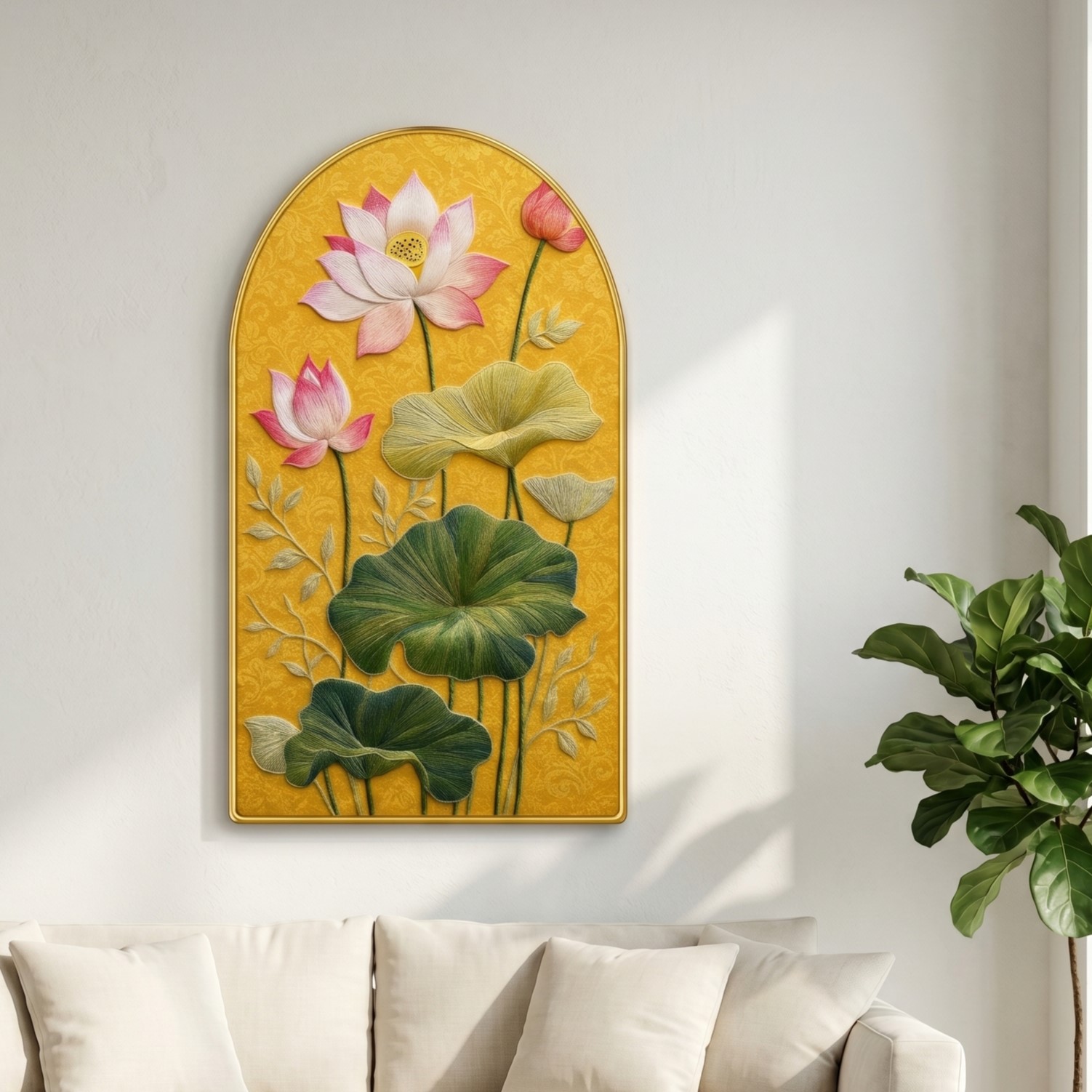 SAF Premium Lotus Flower Wall Painting with Golden Frame – Yellow Botanical Arch Wall Art for Living Room, Bedroom & Office Decor - Image 4