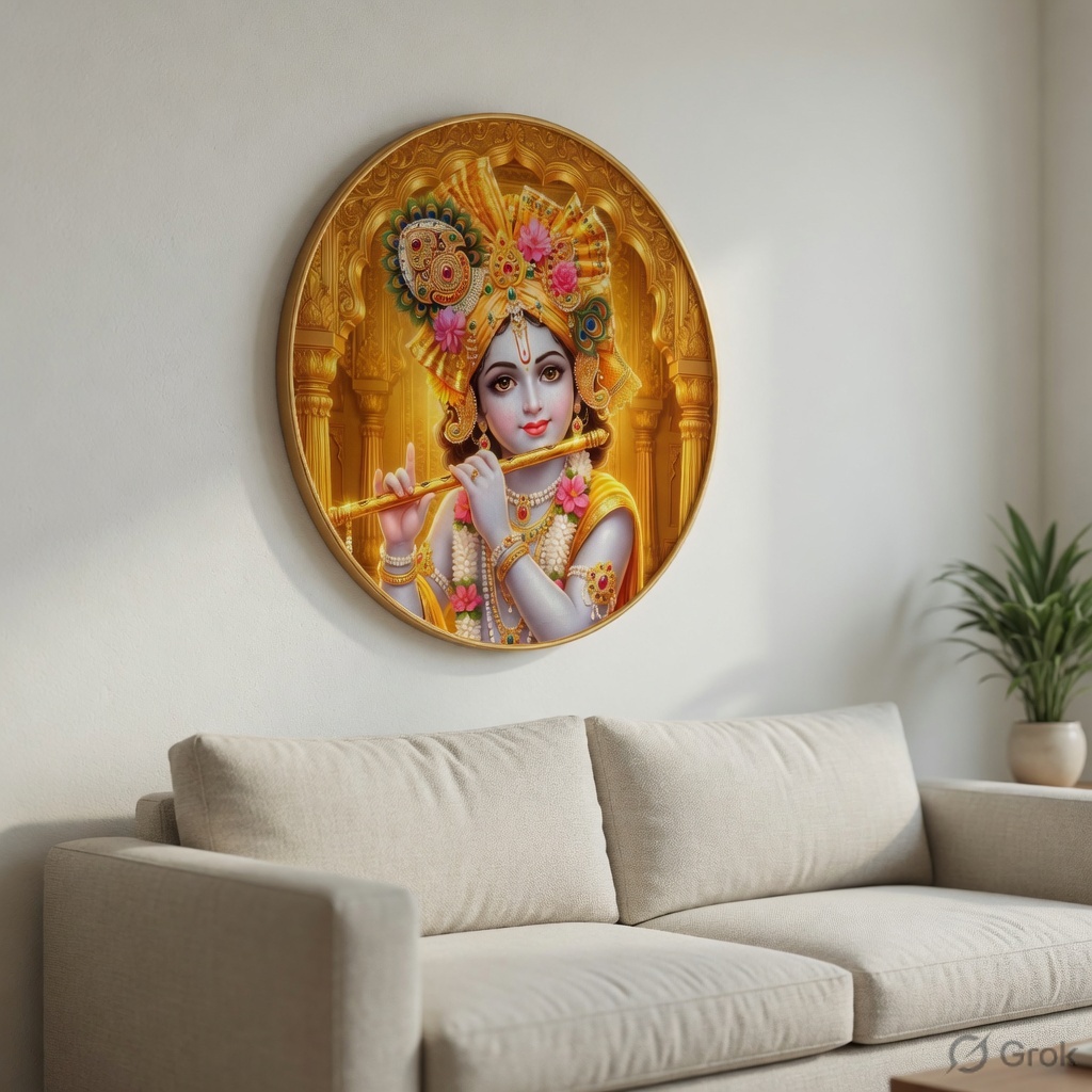 Lord Krishna Wall Art with PVC Round Frame | Sparkle Laminated Flute Krishna Divine Painting | Premium Spiritual Wall Decor for Home Temple Living Room Office Gift Item - Image 3