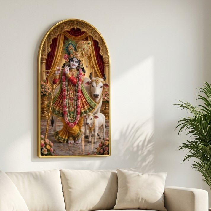 SAF Shri Krishna Wall Painting with Cow for Living Room, Devotional Radha Krishna Style Artwork, PVC Golden Frame, Arch Shape Home Decor for Pooja Room, Bedroom & Gift 16 X 30 Inch - Image 4