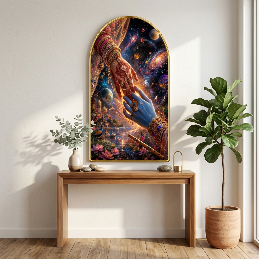 SAF Radha Krishna Hands Wall Painting for Living Room, Cosmic Love Devotional Artwork, PVC Golden Frame, Arch Shape Wall Decor for Bedroom, Pooja Room & Gift 16 X 30 Inch - Image 3