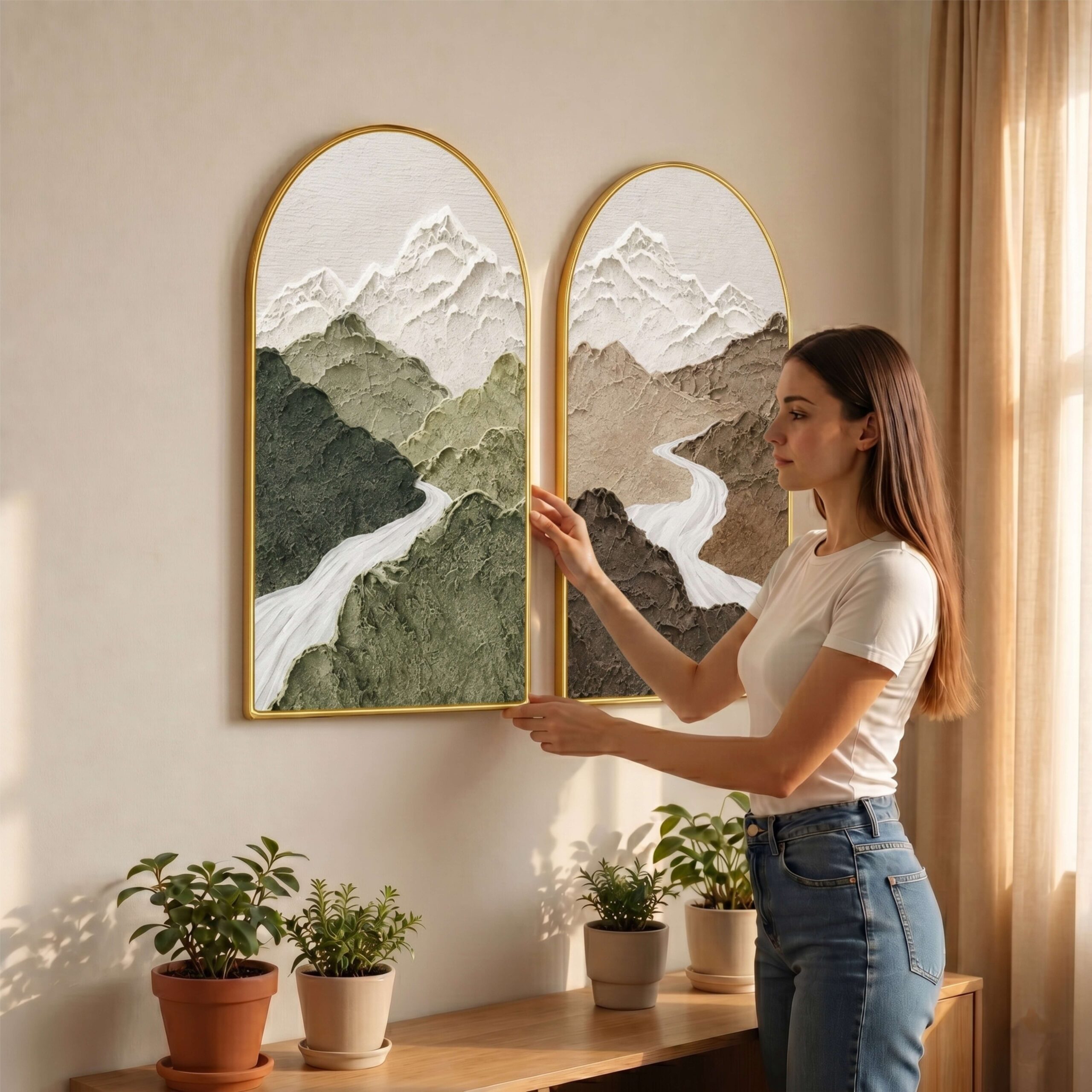 SAF Set of 2 Mountain Wall Painting for Living Room, Textured Landscape Modern Artwork, PVC Golden Frame, Arch Shape Wall Decor for Bedroom, Hall, Office & Gift 32 X 30 Inch - Image 4