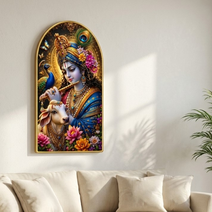 SAF Lord Krishna Cow Wall Painting for Living Room, Flute Peacock Devotional Artwork, PVC Golden Frame, Arch Shape Wall Decor for Pooja Room, Bedroom & Gift 16 X 30 Inch - Image 4