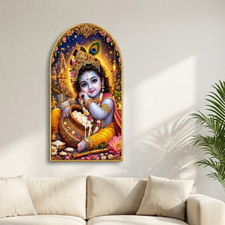 SAF Bal Krishna Makhan Chor Wall Painting for Living Room, Baby Krishna Devotional Artwork, PVC Golden Frame, Arch Shape Wall Decor for Pooja Room & Gift 16 X 30 Inch - Image 4