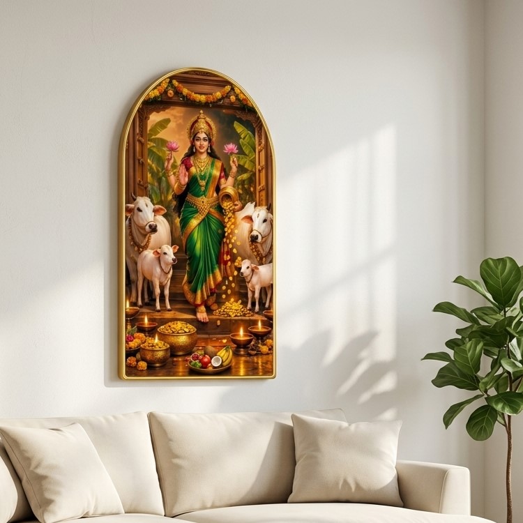 SAF Goddess Laxmi Wall Painting with Cow for Living Room, Devotional Temple Artwork, PVC Golden Frame, Arch Shape Wall Decor for Pooja Room, Home Office & Gift 16 X 30 Inch - Image 5