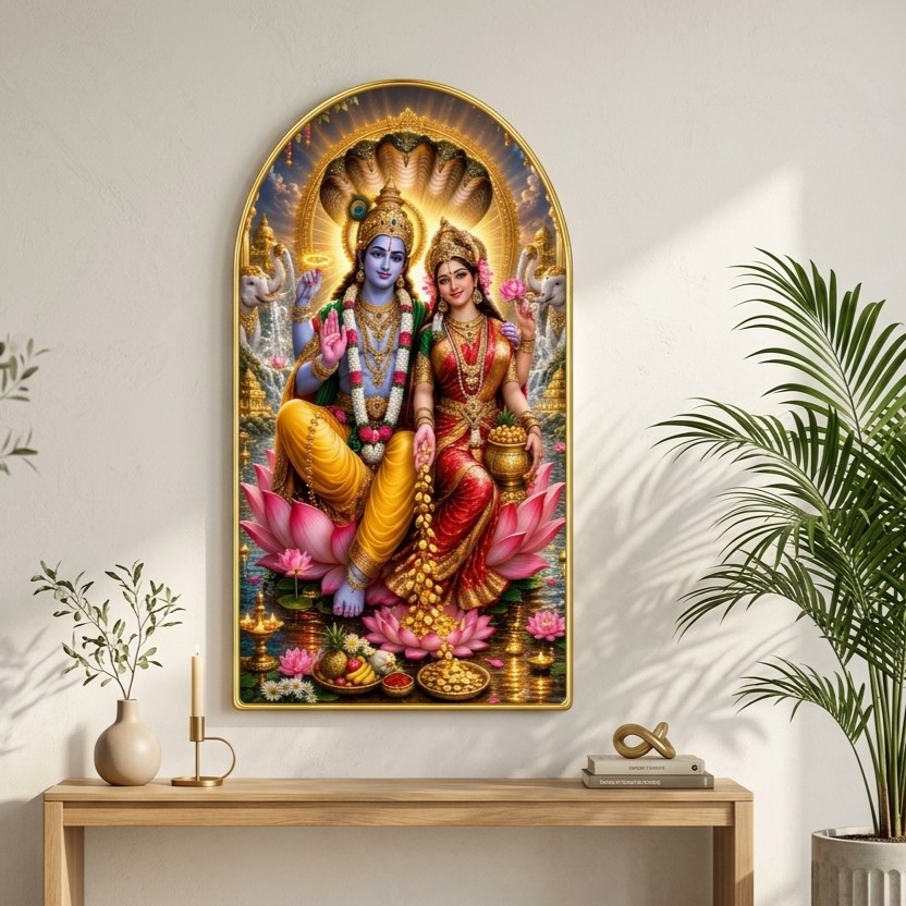 SAF Vishnu Laxmi Wall Painting for Living Room, Devotional Lotus Artwork, PVC Golden Frame, Arch Shape Wall Decor for Pooja Room, Bedroom, Home Office & Gift 16 X 30 Inch - Image 4
