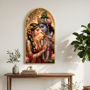 SAF Radha Krishna Wall Painting for Living Room, Romantic Devotional Artwork, PVC Golden Frame, Arch Shape Wall Decor for Pooja Room, Bedroom, Home Office & Gift 16 X 30 Inch
