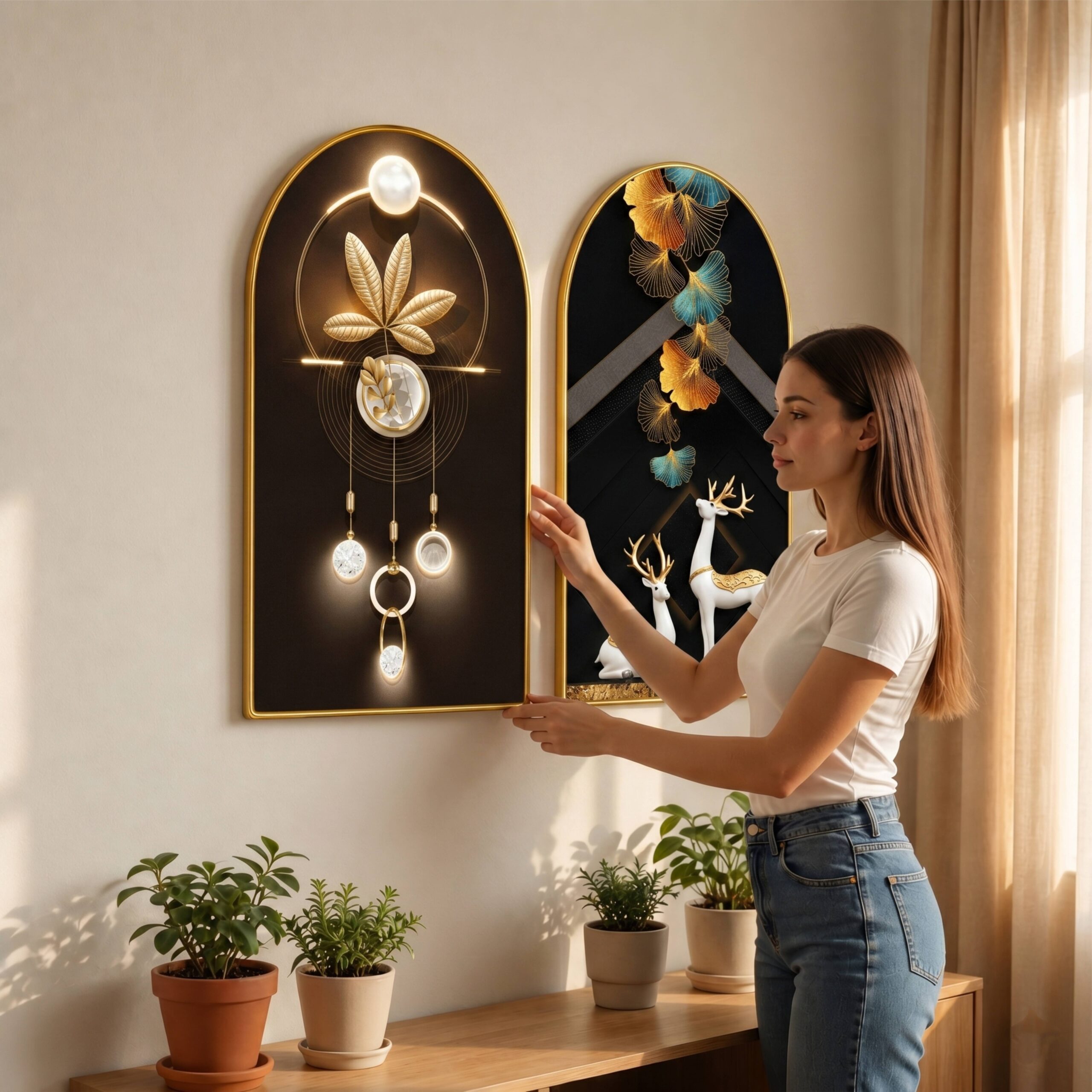 SAF Set of 2 Abstract Wall Painting for Living Room, Deer & Golden Leaf Modern Artwork, PVC Golden Frame, Arch Shape Wall Decor for Bedroom, Hall, Office & Gift 32 X 30 Inch - Image 4