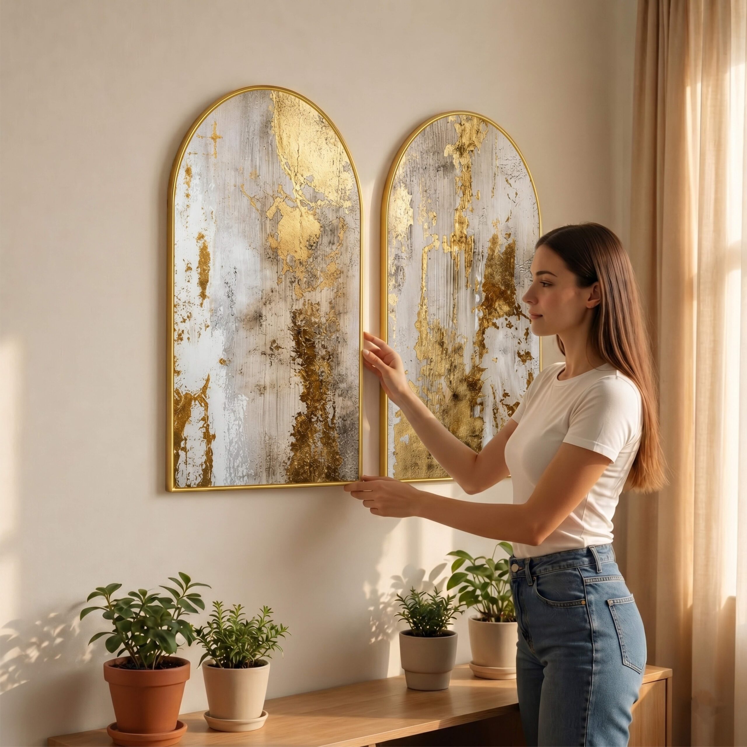 SAF Set of 2 Abstract Wall Painting for Living Room, Gold Texture Modern Artwork, PVC Golden Frame, Arch Shape Wall Decor for Bedroom, Hall, Office & Gift 32 X 30 Inch - Image 4