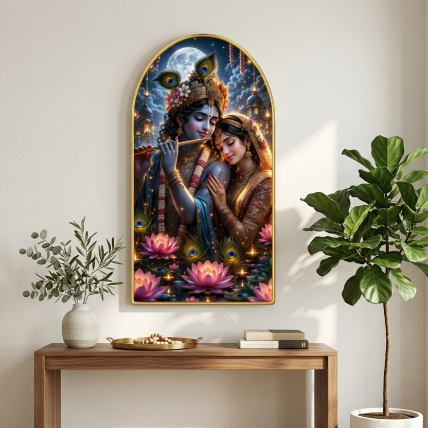 SAF Radha Krishna Wall Painting for Living Room, Moonlight Devotional Artwork, PVC Golden Frame, Arch Shape Wall Decor for Pooja Room, Bedroom, Home Office & Gift 16 X 30 Inch - Image 5
