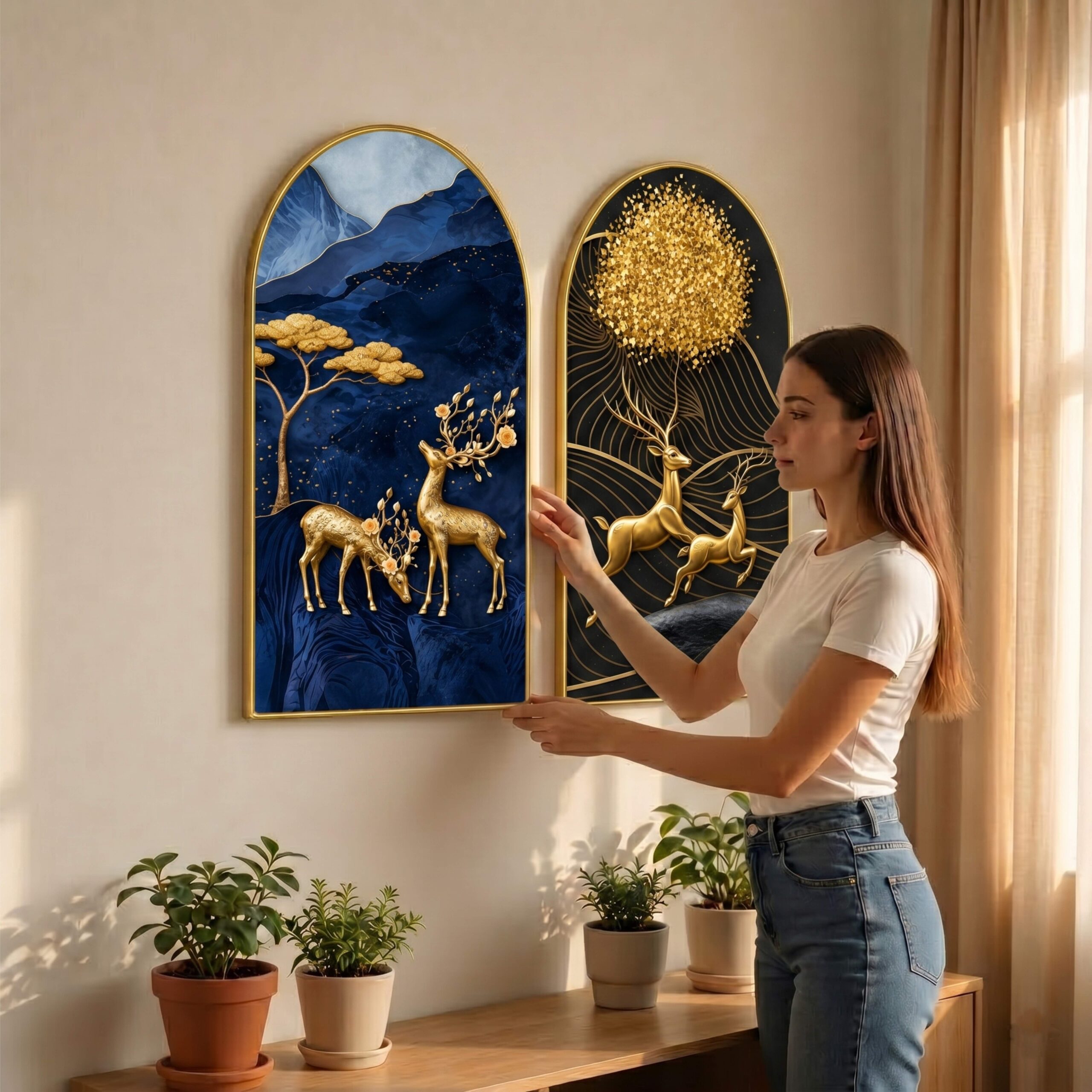 SAF Set of 2 Abstract Deer Wall Painting for Living Room, Blue Gold Modern Artwork, PVC Golden Frame, Arch Shape Wall Decor for Bedroom, Hall, Office & Gift 32 X 30 Inch - Image 3