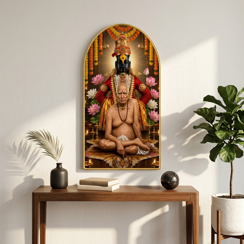 SAF Swami Samarth with Vitthal Wall Painting for Living Room, Devotional Temple Artwork, PVC Golden Frame, Arch Shape Wall Decor for Pooja Room, Home & Gift 16 X 30 Inch - Image 5