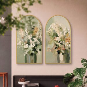 SAF Set of 2 Floral Wall Painting for Living Room, Green Botanical Modern Artwork, PVC Golden Frame, Arch Shape Wall Decor for Bedroom, Hall, Office & Gift 32 X 30 Inch
