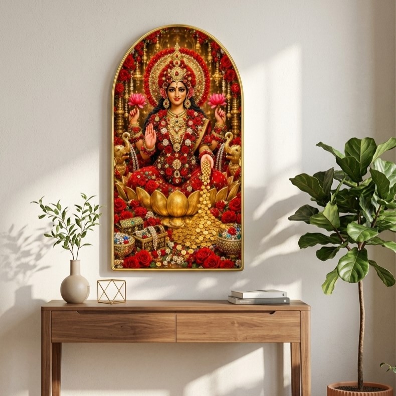 SAF Goddess Laxmi Wall Painting for Living Room, Red Lotus Devotional Artwork, PVC Golden Frame, Arch Shape Wall Decor for Pooja Room, Bedroom, Home & Gift 16 X 30 Inch - Image 4