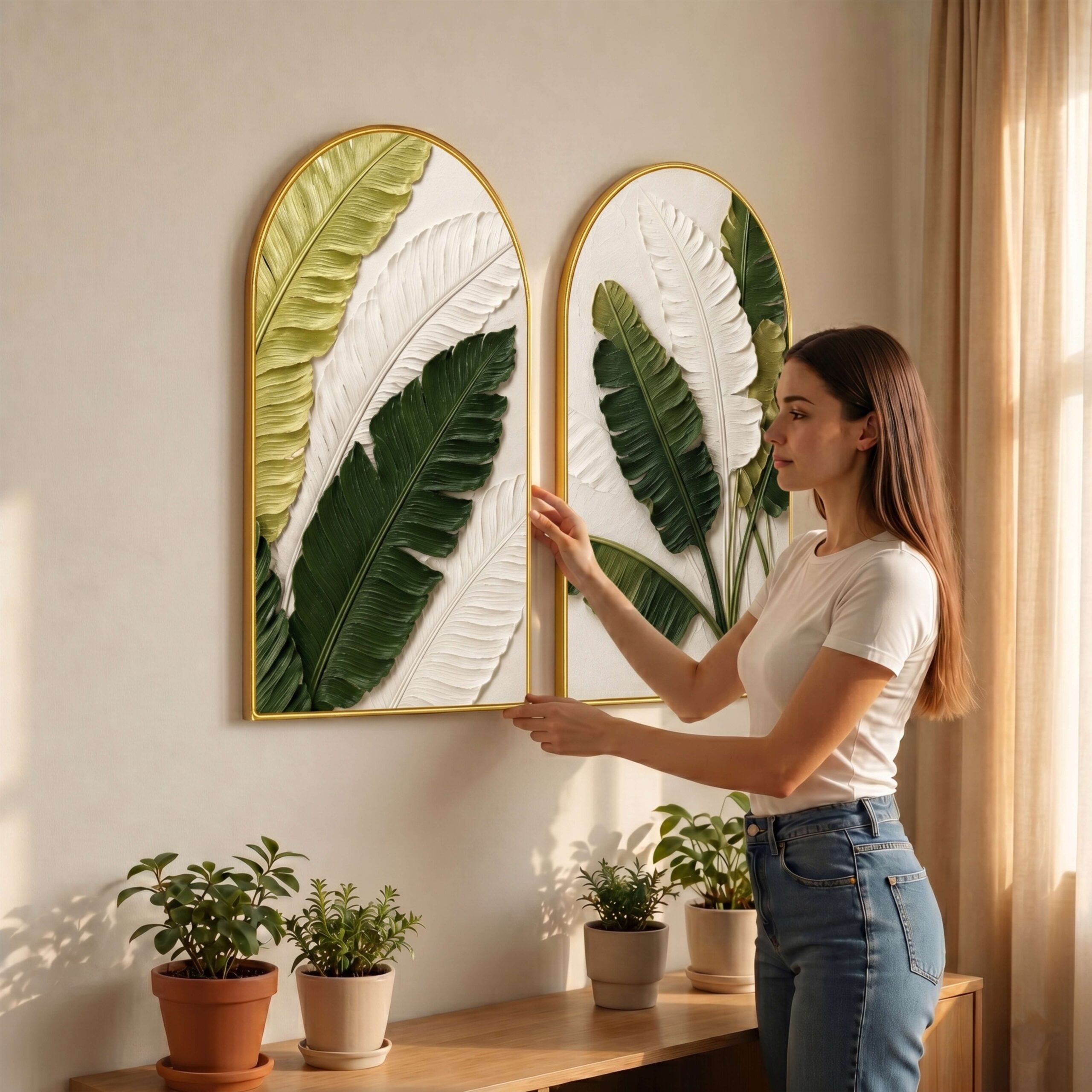 SAF Set of 2 Tropical Leaf Wall Painting for Living Room, Green Botanical Modern Artwork, PVC Golden Frame, Arch Shape Wall Decor for Bedroom, Hall, Office & Gift 32 X 30 Inch - Image 5