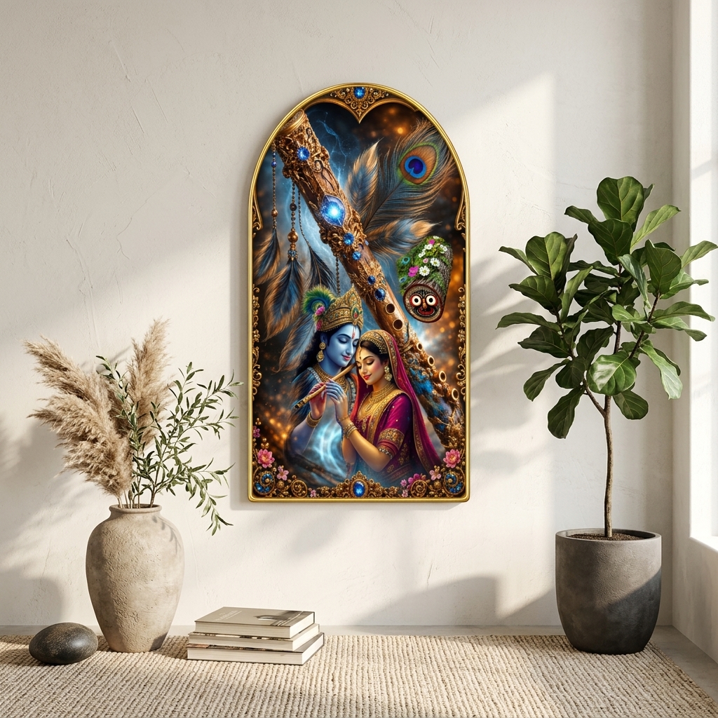 SAF Radha Krishna Flute Wall Painting for Living Room, Peacock Feather Devotional Artwork, PVC Golden Frame, Arch Shape Wall Decor for Pooja Room, Home & Gift 16 X 30 Inch - Image 3