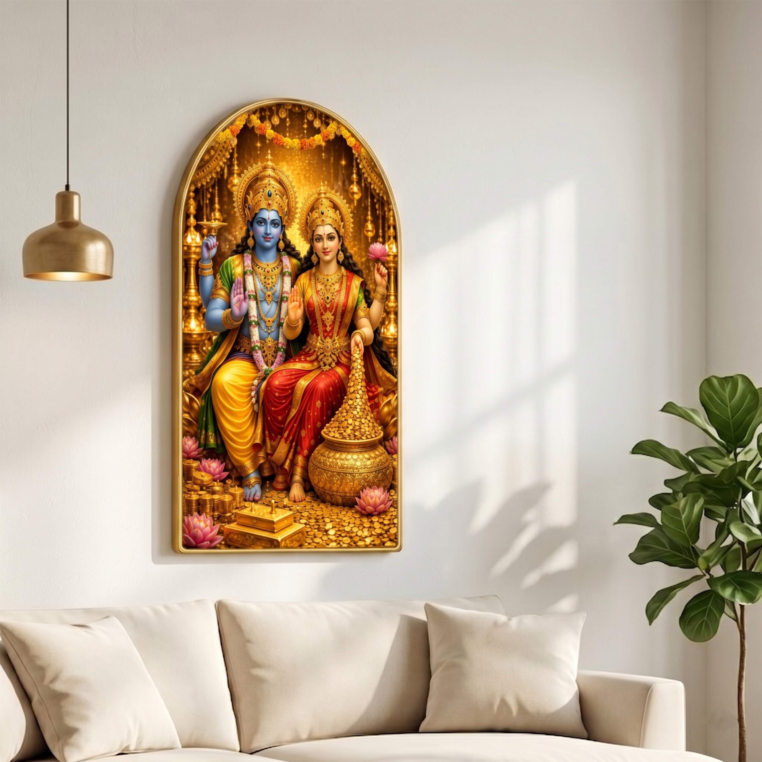 SAF Vishnu Laxmi Wall Painting for Living Room, Gold Coins Devotional Artwork, PVC Golden Frame, Arch Shape Wall Decor for Pooja Room, Home Office & Gift 16 X 30 Inch - Image 5