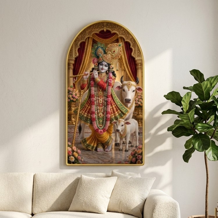 SAF Shri Krishna Wall Painting with Cow for Living Room, Devotional Radha Krishna Style Artwork, PVC Golden Frame, Arch Shape Home Decor for Pooja Room, Bedroom & Gift 16 X 30 Inch - Image 5