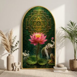 SAF Shree Yantra Lotus Wall Painting for Living Room, Vastu Spiritual Artwork, PVC Golden Frame, Arch Shape Wall Decor for Pooja Room, Bedroom, Home & Gift 16 X 30 Inch