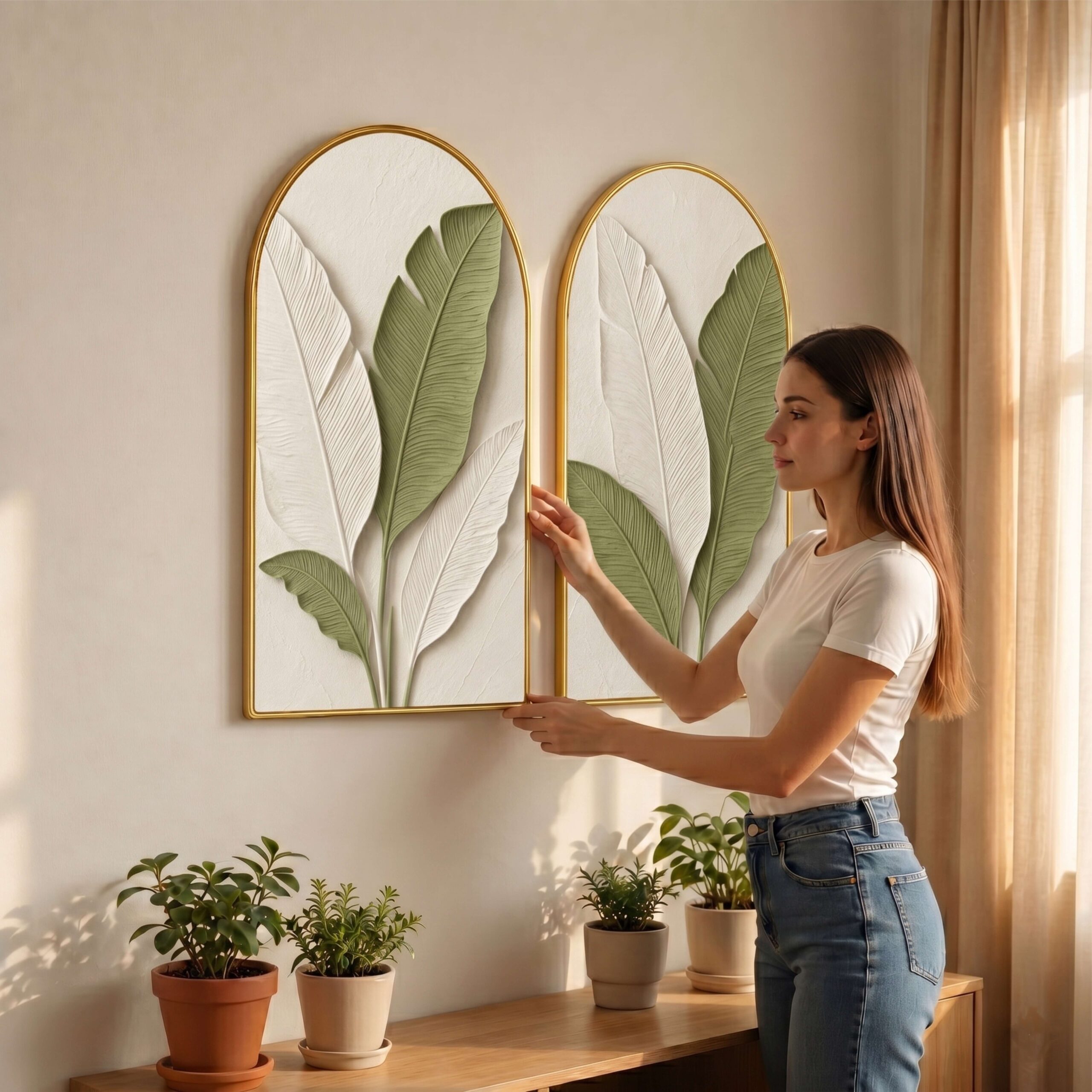 SAF Set of 2 Botanical Leaf Wall Painting for Living Room, Green White Modern Artwork, PVC Golden Frame, Arch Shape Wall Decor for Bedroom, Hall, Office & Gift 32 X 30 Inch - Image 5