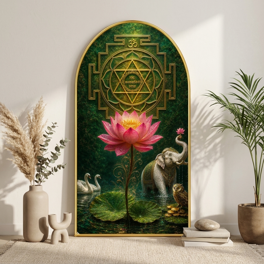 SAF Shree Yantra Lotus Wall Painting for Living Room, Vastu Spiritual Artwork, PVC Golden Frame, Arch Shape Wall Decor for Pooja Room, Bedroom, Home & Gift 16 X 30 Inch