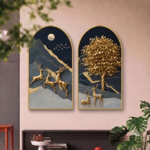 SAF Set of 2 Golden Deer Wall Painting for Living Room, Moon Mountain Modern Artwork, PVC Golden Frame, Arch Shape Wall Decor for Bedroom, Hall, Office & Gift 32 X 30 Inch
