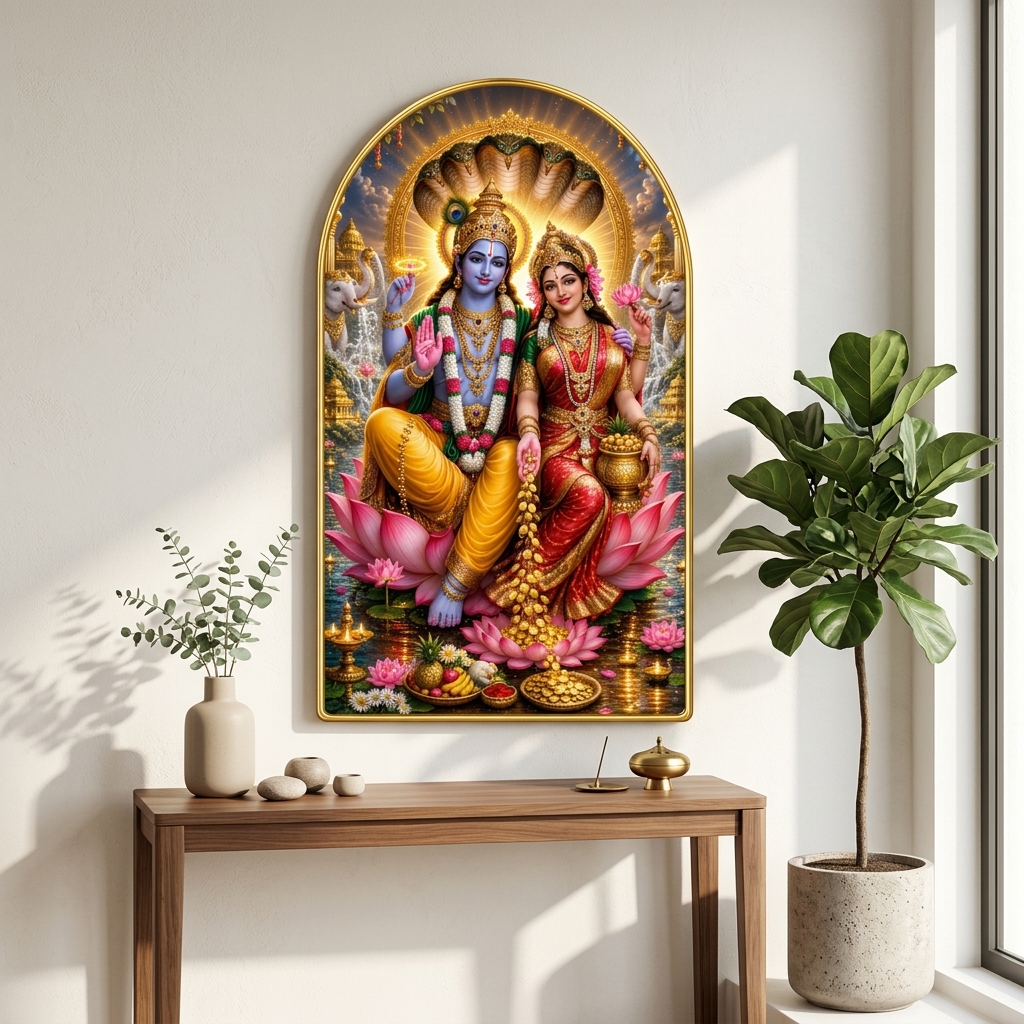 SAF Vishnu Laxmi Wall Painting for Living Room, Devotional Lotus Artwork, PVC Golden Frame, Arch Shape Wall Decor for Pooja Room, Bedroom, Home Office & Gift 16 X 30 Inch - Image 5