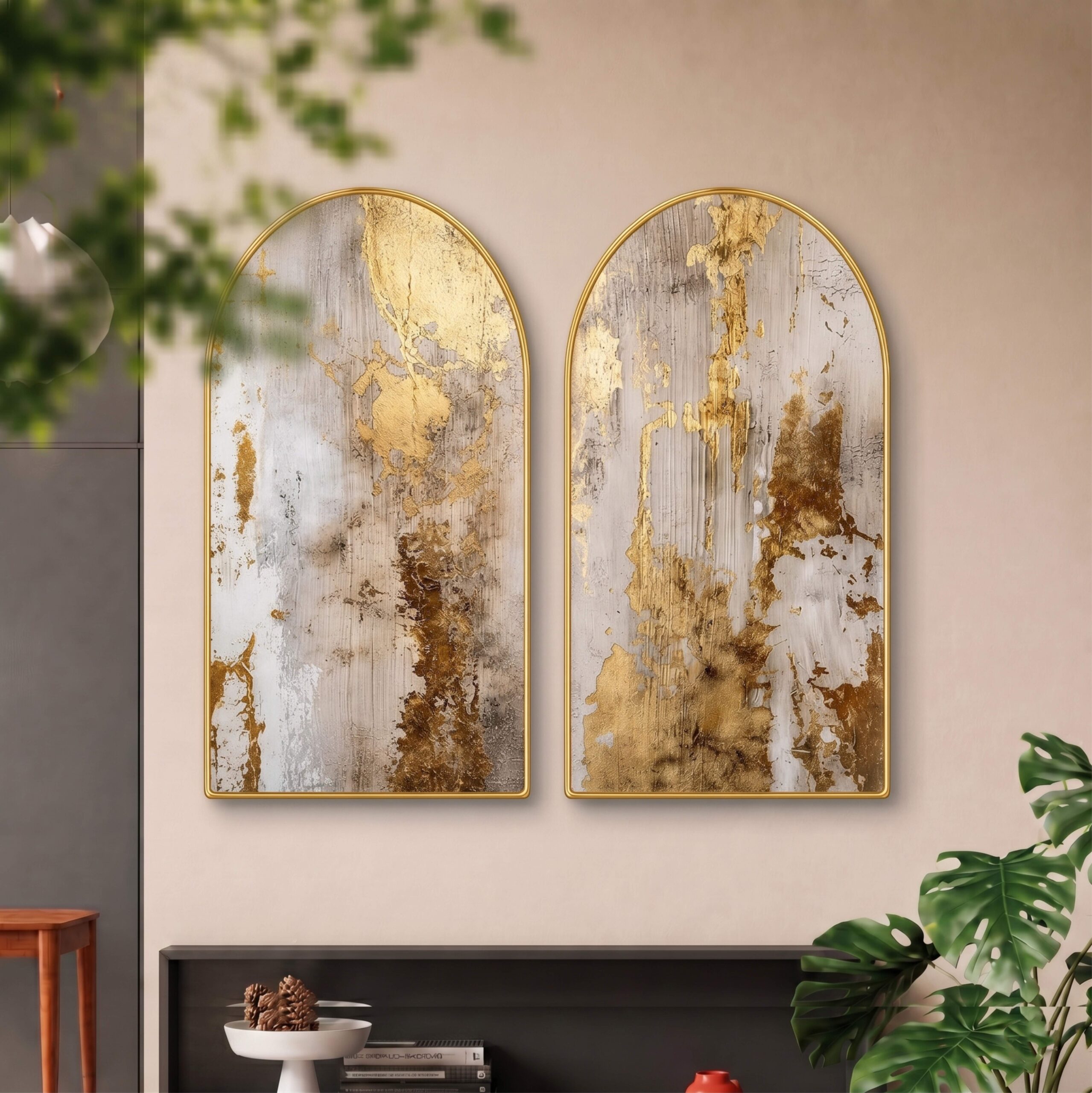 SAF Set of 2 Abstract Wall Painting for Living Room, Gold Texture Modern Artwork, PVC Golden Frame, Arch Shape Wall Decor for Bedroom, Hall, Office & Gift 32 X 30 Inch - Image 5