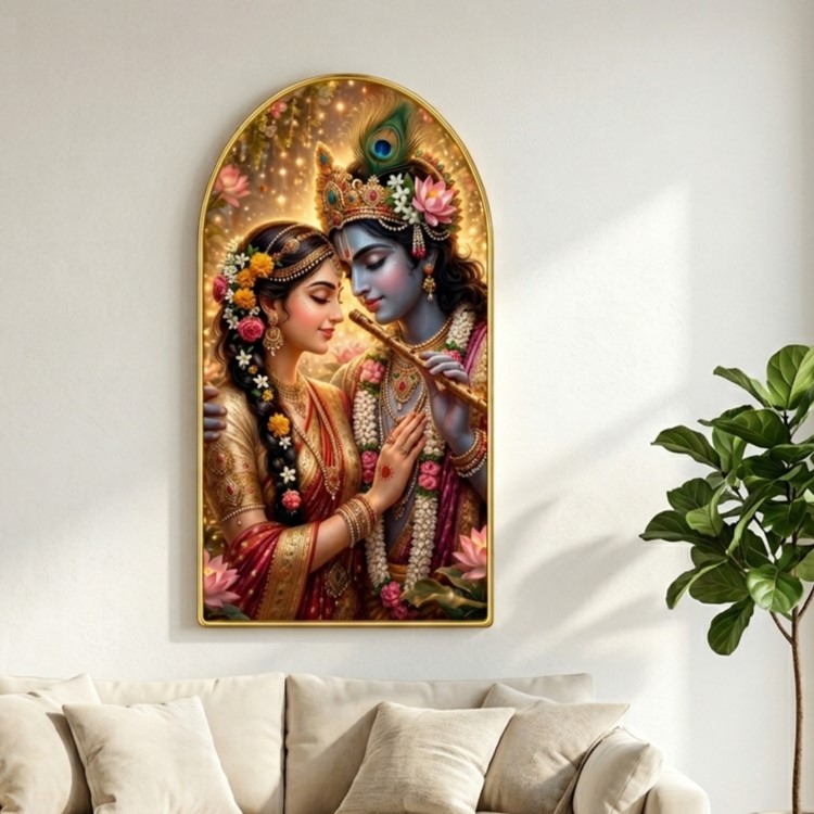 SAF Radha Krishna Wall Painting for Living Room, Romantic Devotional Artwork, PVC Golden Frame, Arch Shape Wall Decor for Pooja Room, Bedroom, Home Office & Gift 16 X 30 Inch - Image 5