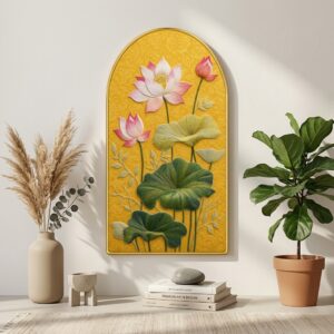 Premium lotus flower wall painting with golden arch frame for living room decor