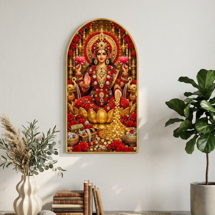 SAF Goddess Laxmi Wall Painting for Living Room, Red Lotus Devotional Artwork, PVC Golden Frame, Arch Shape Wall Decor for Pooja Room, Bedroom, Home & Gift 16 X 30 Inch - Image 3
