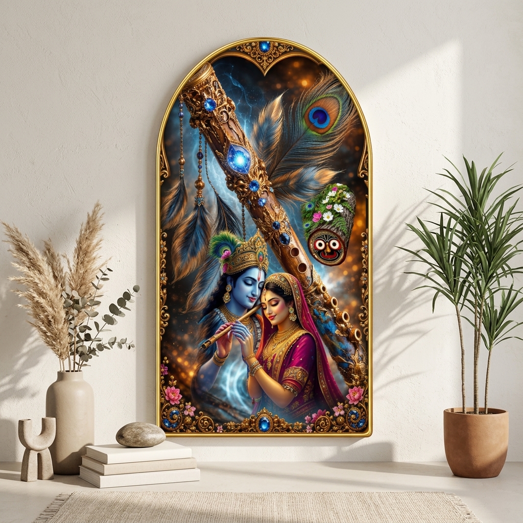 SAF Radha Krishna Flute Wall Painting for Living Room, Peacock Feather Devotional Artwork, PVC Golden Frame, Arch Shape Wall Decor for Pooja Room, Home & Gift 16 X 30 Inch