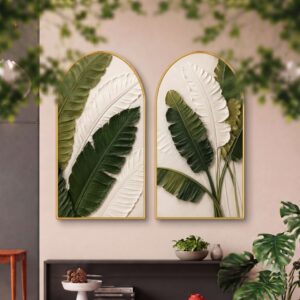 SAF Set of 2 Tropical Leaf Wall Painting for Living Room, Green Botanical Modern Artwork, PVC Golden Frame, Arch Shape Wall Decor for Bedroom, Hall, Office & Gift 32 X 30 Inch