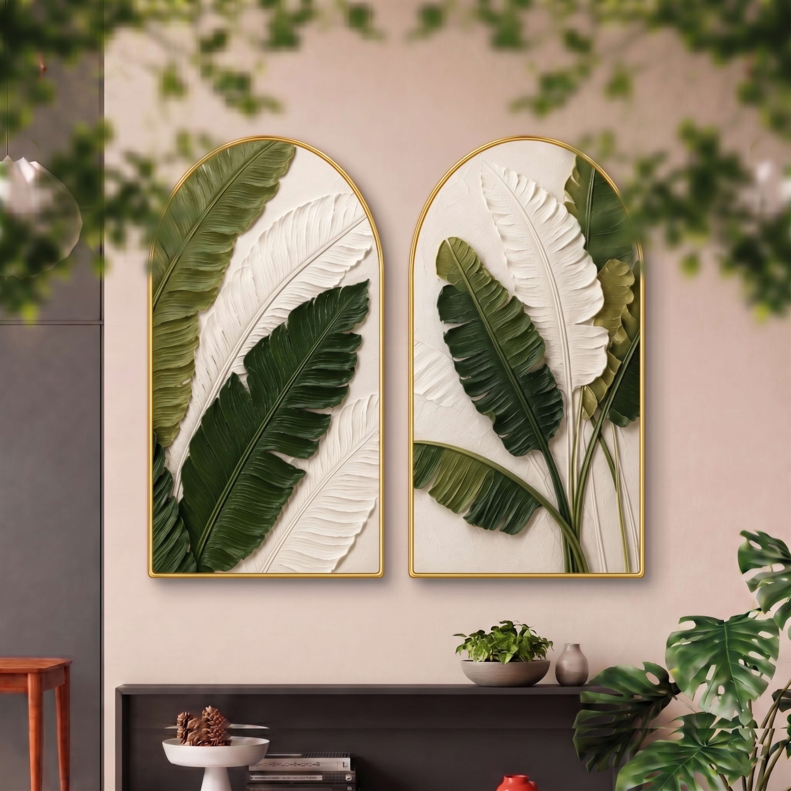 SAF Set of 2 Tropical Leaf Wall Painting for Living Room, Green Botanical Modern Artwork, PVC Golden Frame, Arch Shape Wall Decor for Bedroom, Hall, Office & Gift 32 X 30 Inch