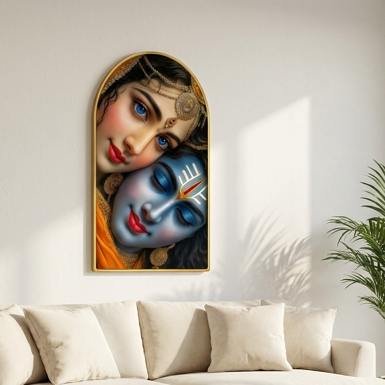 SAF Radha Krishna Face Wall Painting for Living Room, Divine Love Devotional Artwork, PVC Golden Frame, Arch Shape Wall Decor for Bedroom, Pooja Room & Gift 16 X 30 Inch - Image 5