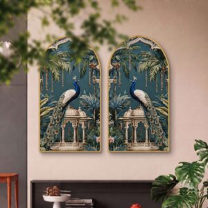 SAF Set of 2 Peacock Wall Painting for Living Room, Tropical Palace Modern Artwork, PVC Golden Frame, Arch Shape Wall Decor for Bedroom, Hall, Office & Gift 32 X 30 Inch
