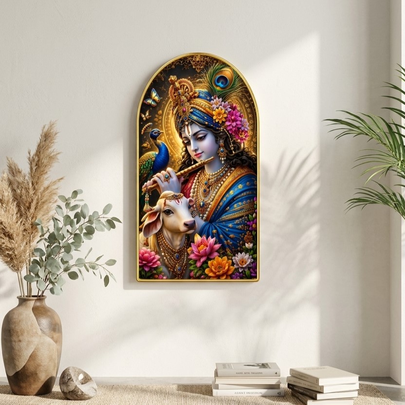 SAF Lord Krishna Cow Wall Painting for Living Room, Flute Peacock Devotional Artwork, PVC Golden Frame, Arch Shape Wall Decor for Pooja Room, Bedroom & Gift 16 X 30 Inch - Image 5
