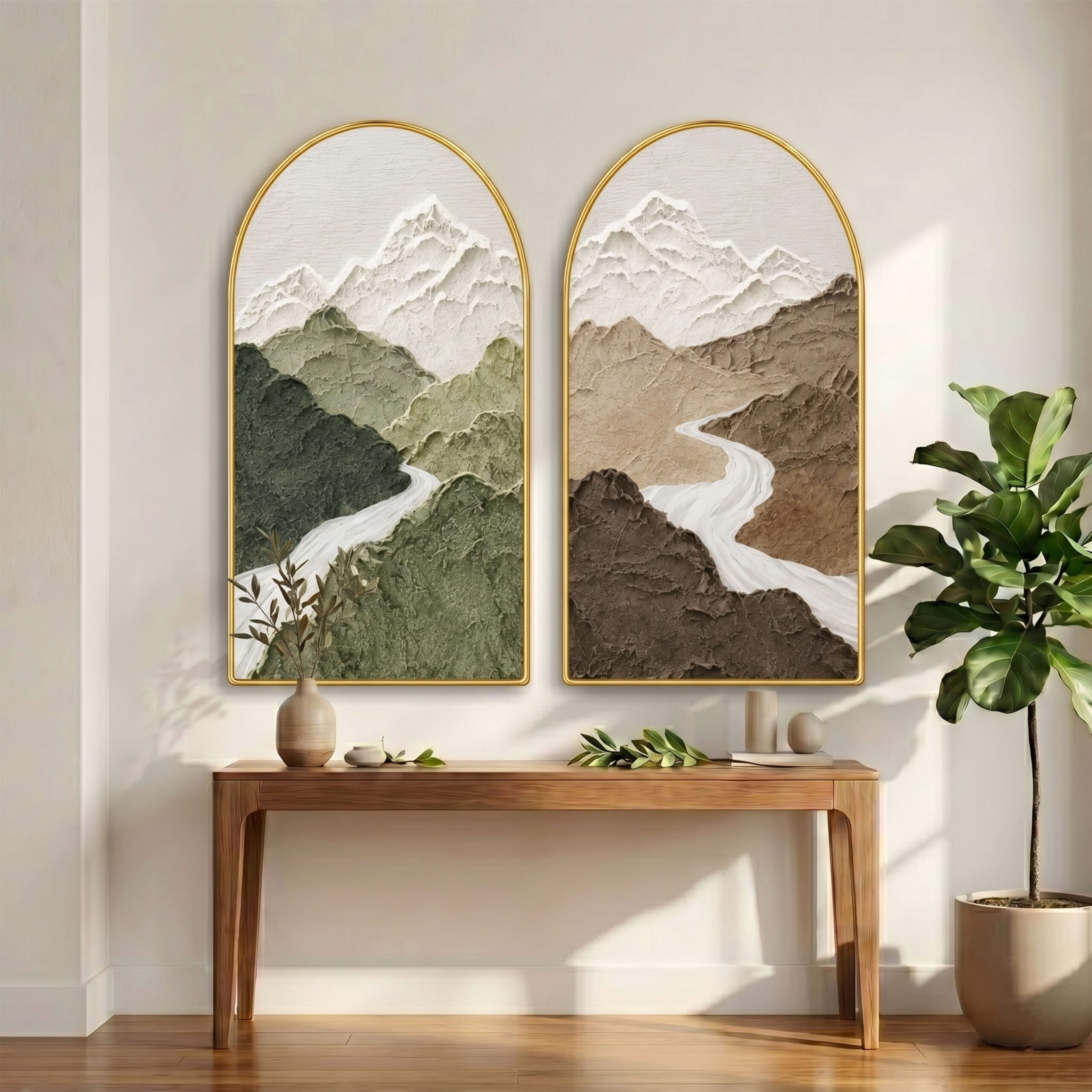 SAF Set of 2 Mountain Wall Painting for Living Room, Textured Landscape Modern Artwork, PVC Golden Frame, Arch Shape Wall Decor for Bedroom, Hall, Office & Gift 32 X 30 Inch - Image 5