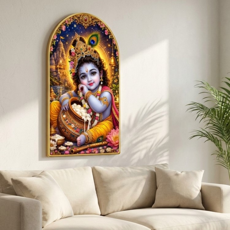 SAF Bal Krishna Makhan Chor Wall Painting for Living Room, Baby Krishna Devotional Artwork, PVC Golden Frame, Arch Shape Wall Decor for Pooja Room & Gift 16 X 30 Inch - Image 5