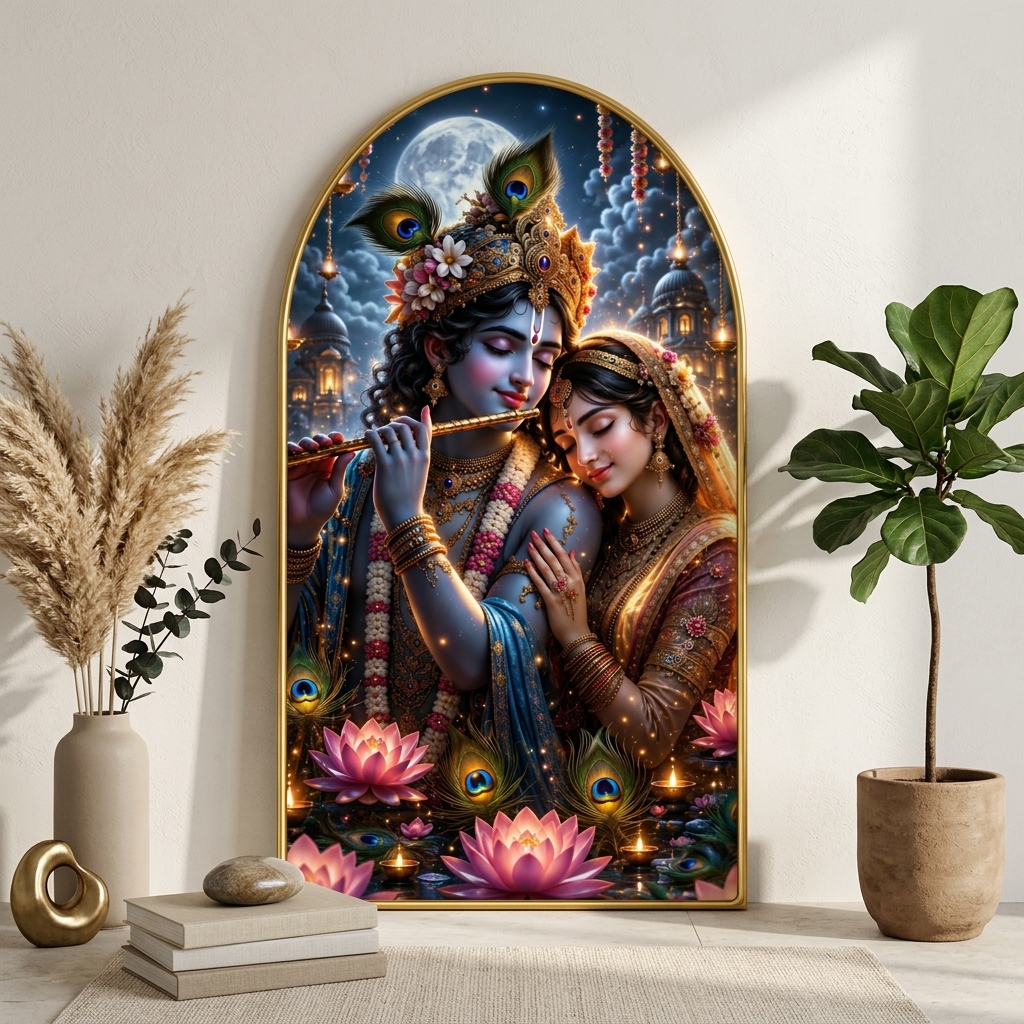 SAF Radha Krishna Wall Painting for Living Room, Moonlight Devotional Artwork, PVC Golden Frame, Arch Shape Wall Decor for Pooja Room, Bedroom, Home Office & Gift 16 X 30 Inch
