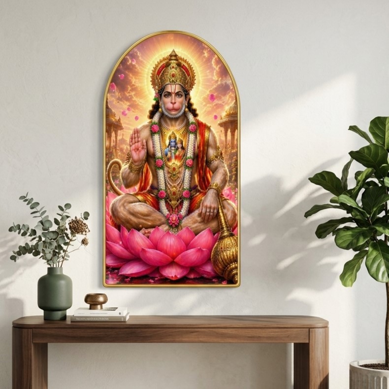 SAF Lord Hanuman Wall Painting for Living Room, Devotional Lotus Artwork, PVC Golden Frame, Arch Shape Wall Decor for Pooja Room, Bedroom, Home Office & Gift 16 X 30 Inch - Image 5