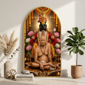 SAF Swami Samarth with Vitthal Wall Painting for Living Room, Devotional Temple Artwork, PVC Golden Frame, Arch Shape Wall Decor for Pooja Room, Home & Gift 16 X 30 Inch