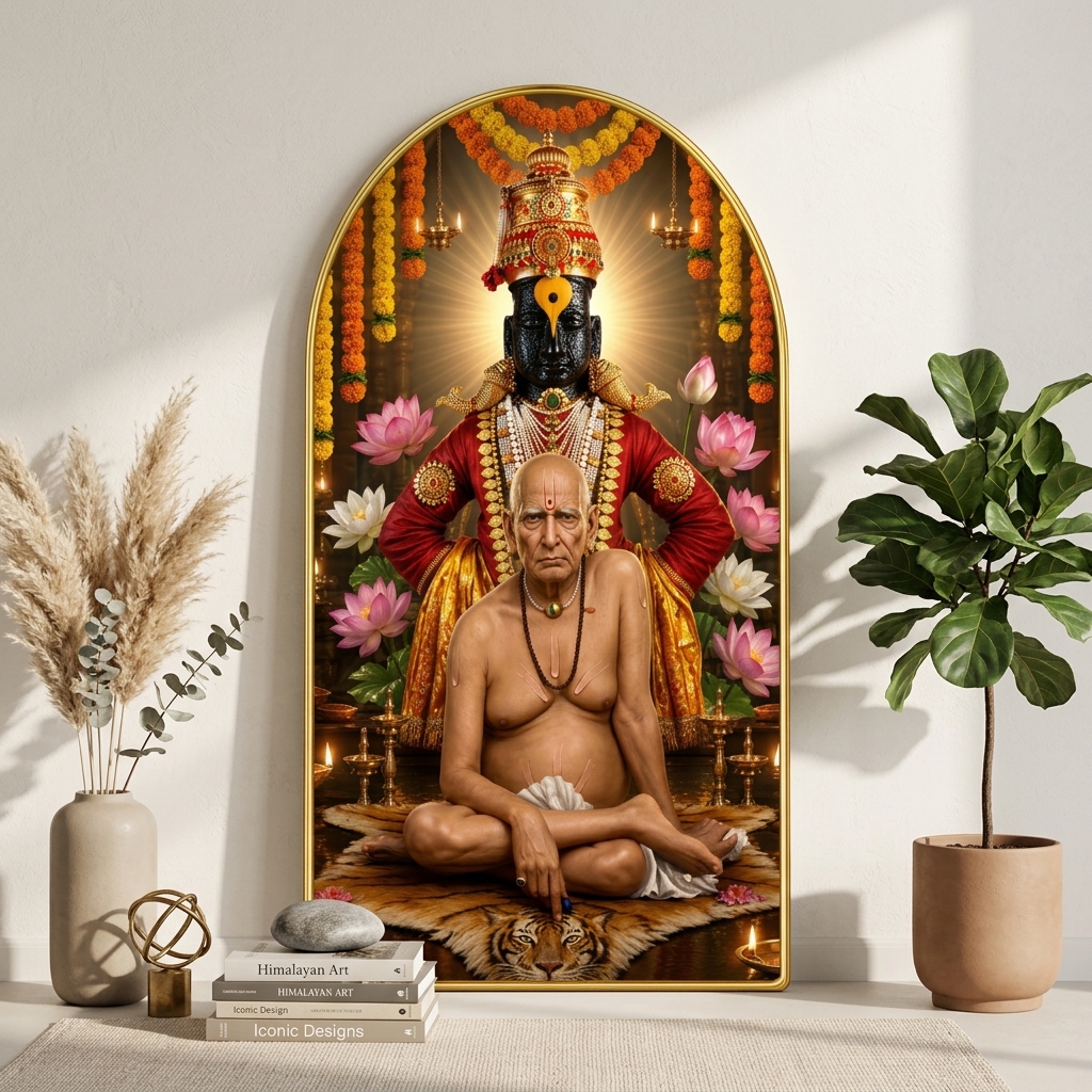 SAF Swami Samarth with Vitthal Wall Painting for Living Room, Devotional Temple Artwork, PVC Golden Frame, Arch Shape Wall Decor for Pooja Room, Home & Gift 16 X 30 Inch