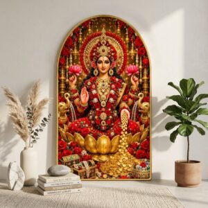 SAF Goddess Laxmi Wall Painting for Living Room, Red Lotus Devotional Artwork, PVC Golden Frame, Arch Shape Wall Decor for Pooja Room, Bedroom, Home & Gift 16 X 30 Inch