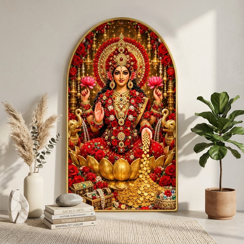 SAF Goddess Laxmi Wall Painting for Living Room, Red Lotus Devotional Artwork, PVC Golden Frame, Arch Shape Wall Decor for Pooja Room, Bedroom, Home & Gift 16 X 30 Inch