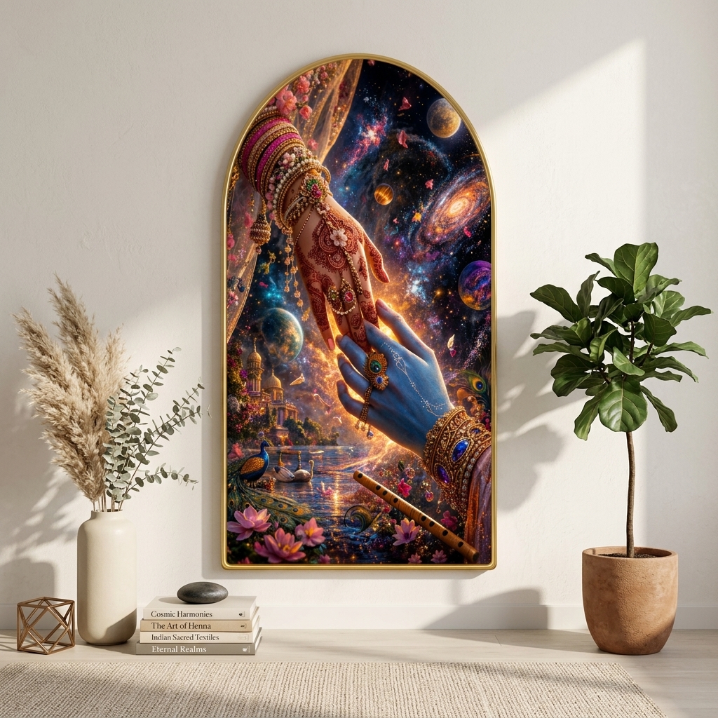 SAF Radha Krishna Hands Wall Painting for Living Room, Cosmic Love Devotional Artwork, PVC Golden Frame, Arch Shape Wall Decor for Bedroom, Pooja Room & Gift 16 X 30 Inch