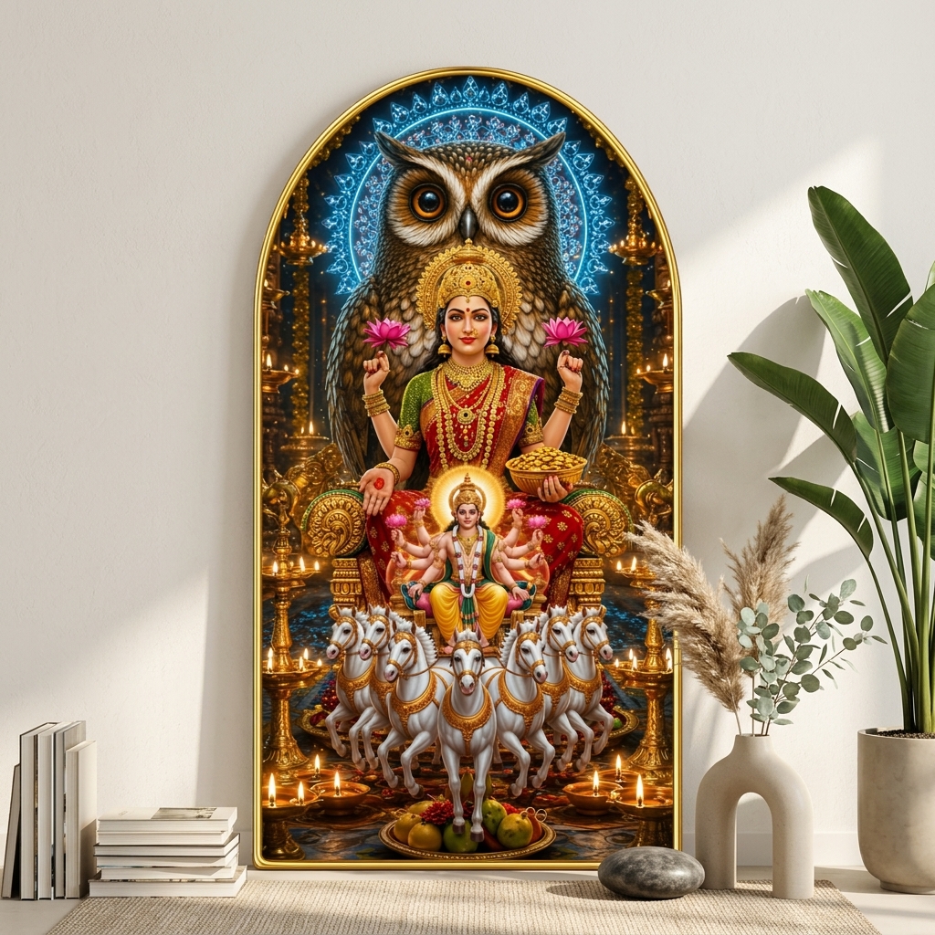 SAF Laxmi Surya Owl Wall Painting for Living Room, Devotional Temple Artwork with Horses, PVC Golden Frame, Arch Shape Wall Decor for Pooja Room, Home & Gift 16 X 30 Inch - Image 5
