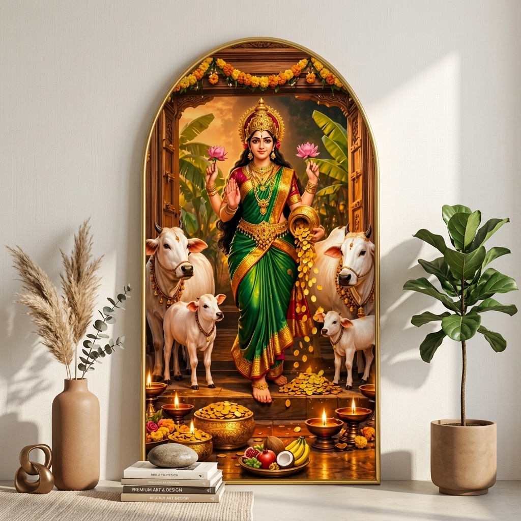 SAF Goddess Laxmi Wall Painting with Cow for Living Room, Devotional Temple Artwork, PVC Golden Frame, Arch Shape Wall Decor for Pooja Room, Home Office & Gift 16 X 30 Inch