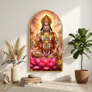 SAF Lord Hanuman Wall Painting for Living Room, Devotional Lotus Artwork, PVC Golden Frame, Arch Shape Wall Decor for Pooja Room, Bedroom, Home Office & Gift 16 X 30 Inch